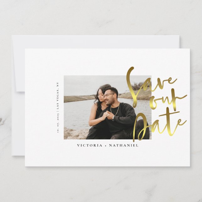 Save The Date Mariage De Script Or Moderne Photo Enregistrer La  (Devant)