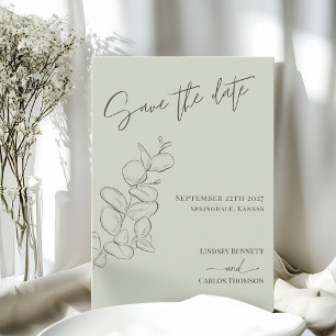 Save The Date Mariage de script vert minimaliste feuille dessiné