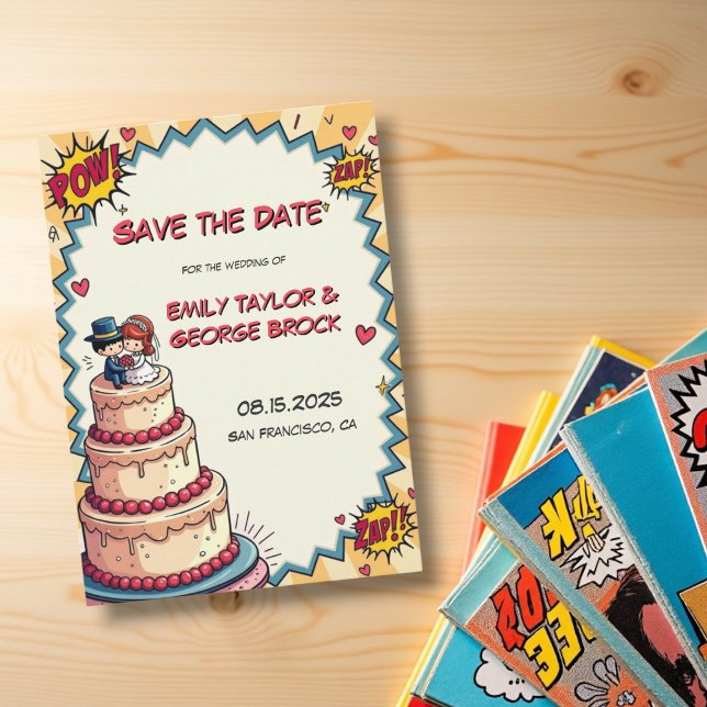 Save The Date Mariage de style comique Retro Bride & Groom Pop (Créateur téléchargé)