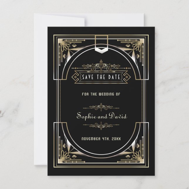 Save The Date Mariage de style Luxe Or Noir Great 20s (Devant)