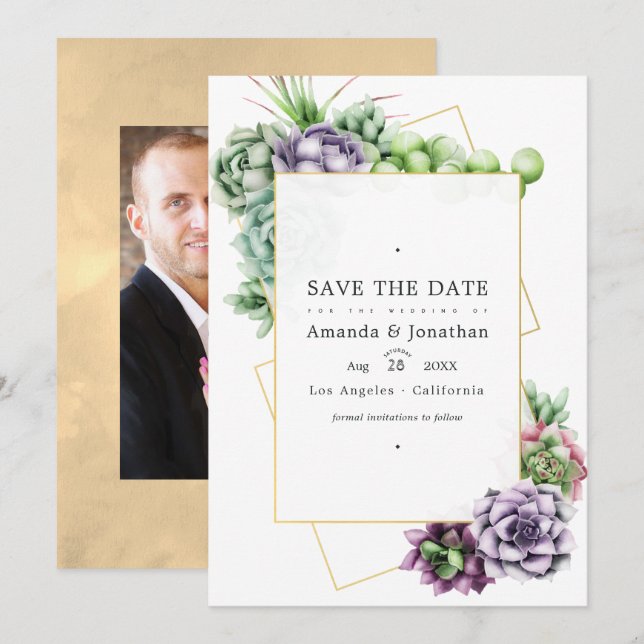 Save The Date Mariage de succulentes géométriques Photo (Devant / Derrière)