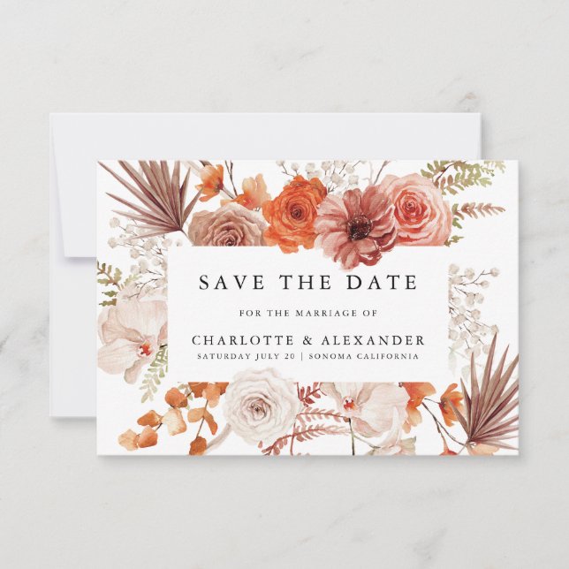 Save The Date Mariage de Terracotta Fleur Orange Rouille Palmett (Devant)