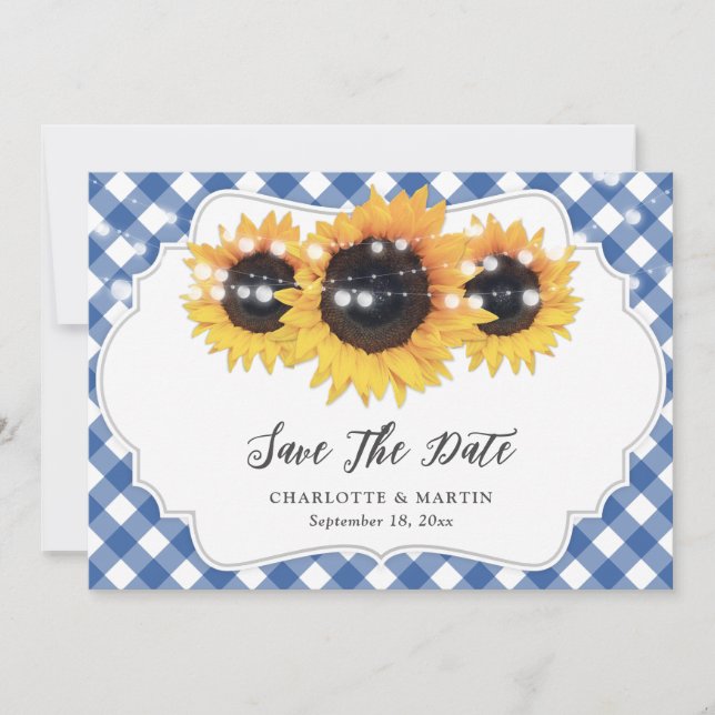 Save The Date Mariage de tournesol bleu En vichy rustique (Devant)