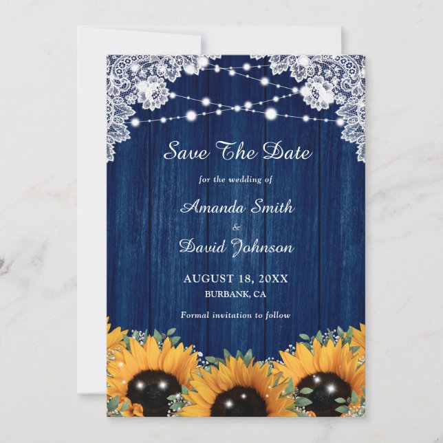 Save The Date Mariage de tournesol bleu marine (Devant)