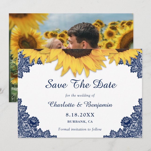 Save The Date Mariage de Tournesol Bleu Marine Photo Enregistrer (Devant / Derrière)