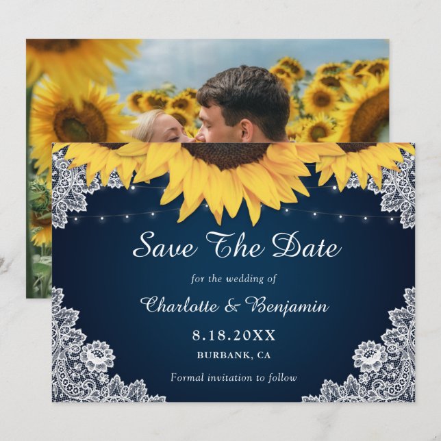 Save The Date Mariage de tournesol de la Marine Rustique Photo E (Devant / Derrière)