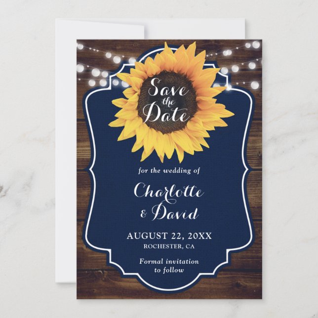Save The Date Mariage de tournesol de la Marine Rustique Wood (Devant)