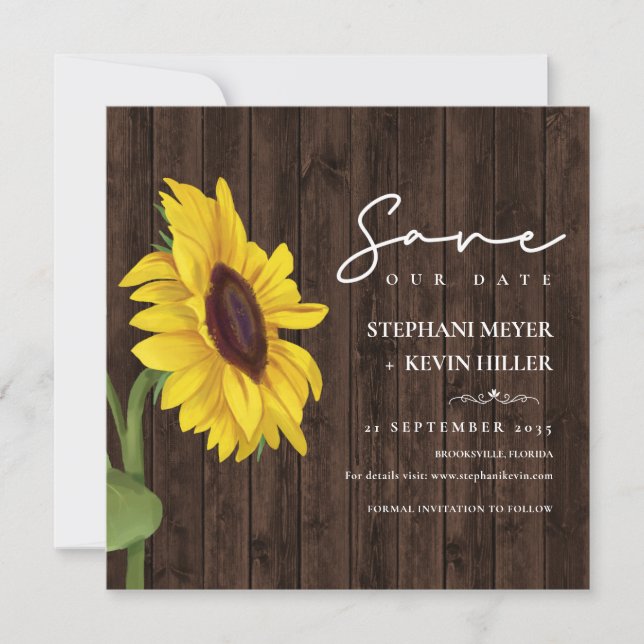 Save The Date Mariage de tournesol simple en bois rustique (Devant)