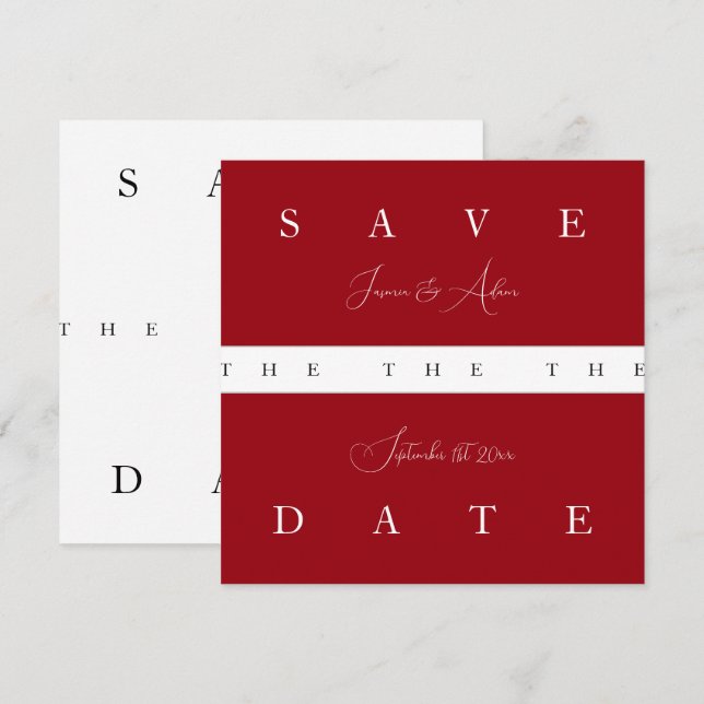 Save The Date Mariage de typographie simple en rouge blanc Crims (Devant / Derrière)