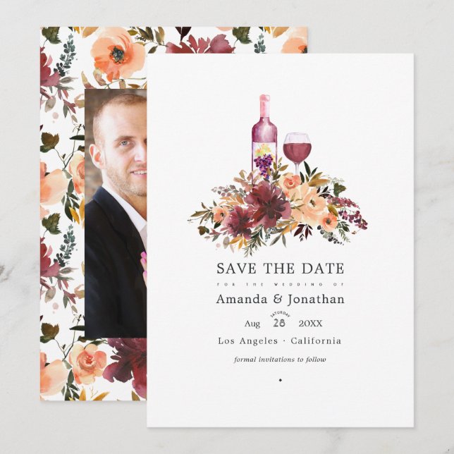 Save The Date Mariage dégustation de vin floral pêche borde (Devant / Derrière)