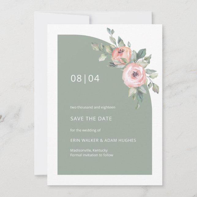 Save The Date Mariage demi-arc rose vert Sage (Devant)
