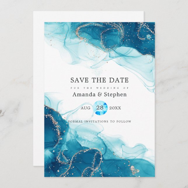 Save The Date Mariage d'encre d'alcool turquoise et or (Devant / Derrière)