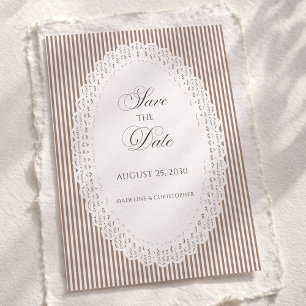 Save The Date Mariage dentelle rayure française marron moka