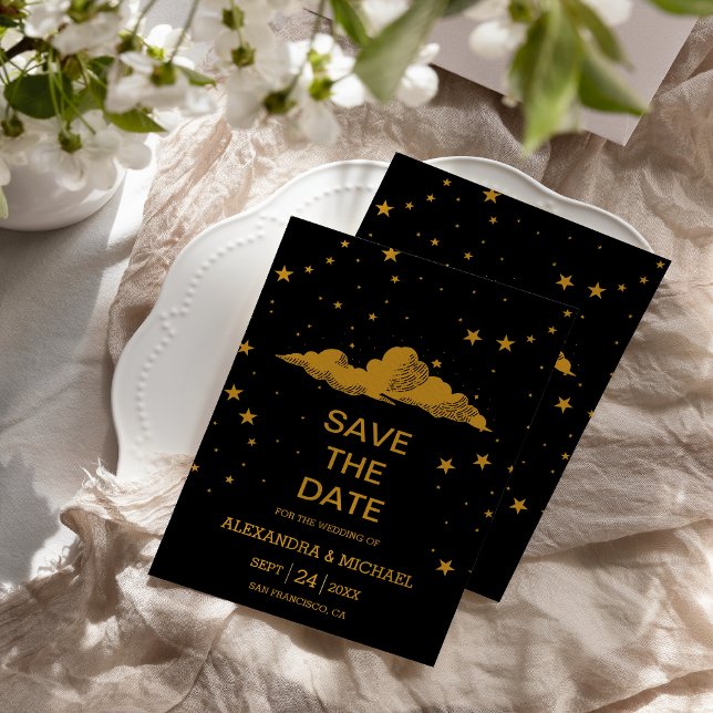 Save The Date Mariage des étoiles célestes mystiques d'or noir (Créateur téléchargé)