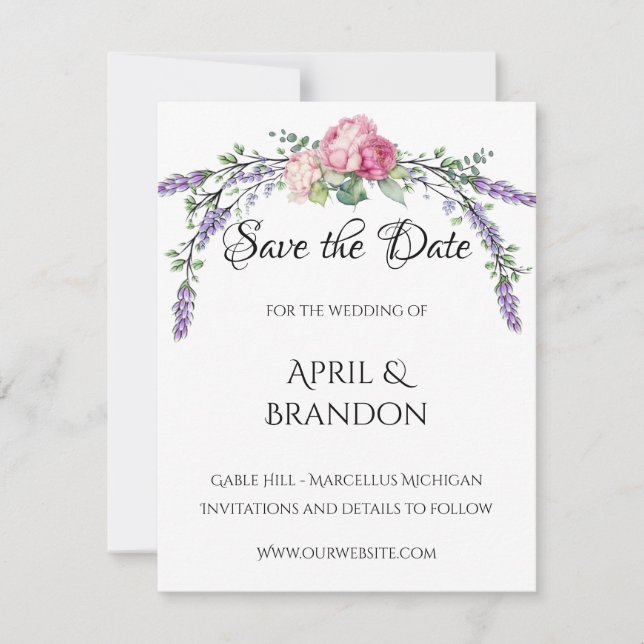 Save The Date Mariage des pivoines roses de lavande et d'Eucalyp (Devant)