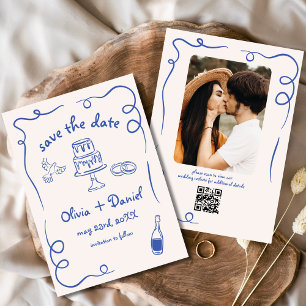 Save The Date Mariage Dessin à la Main Fantaisiste Photo Bleu Ma