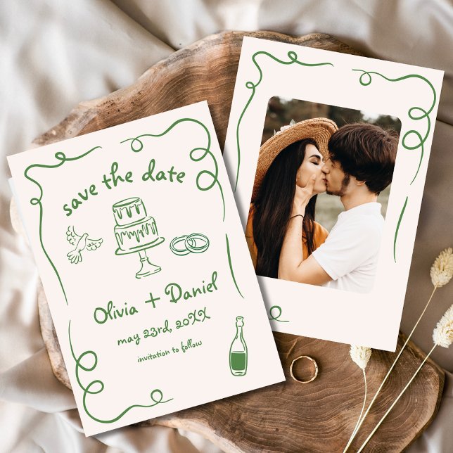 Save The Date Mariage Dessiné à la Main Fantaisiste Photo Vert (Créateur téléchargé)
