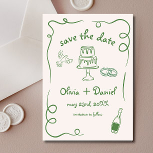 Save The Date Mariage Dessiné à la Main Fantaisiste Vert Françai