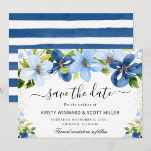 Save The Date Mariage d'été avec des fleurs bleues et navy