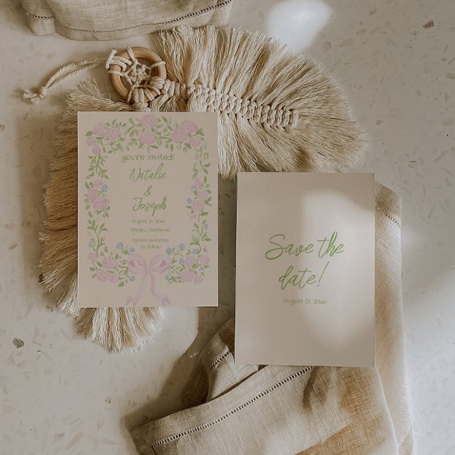 Save The Date Mariage d'été floral avec ruban vert rose dessiné  (Créateur téléchargé)