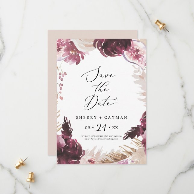 Save The Date Mariage d'herbe Boho Pampas (Devant/Arrière en situation)