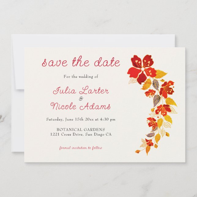 Save The Date Mariage d'hibiscus tropicaux d'Orange brulé (Devant)