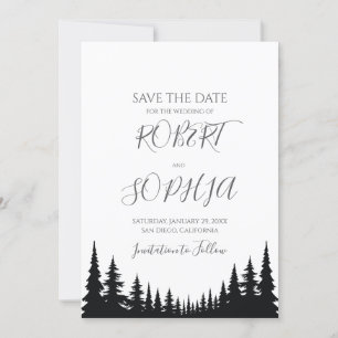 Save The Date Mariage d'hiver aux pins noirs et blancs
