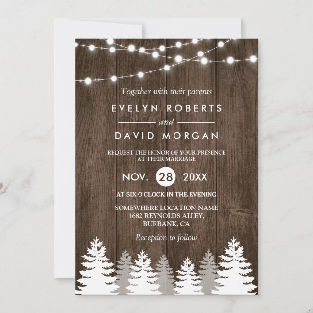 Save The Date Mariage d'hiver Bois Chaîne Lumières Pine Invitati (Devant)