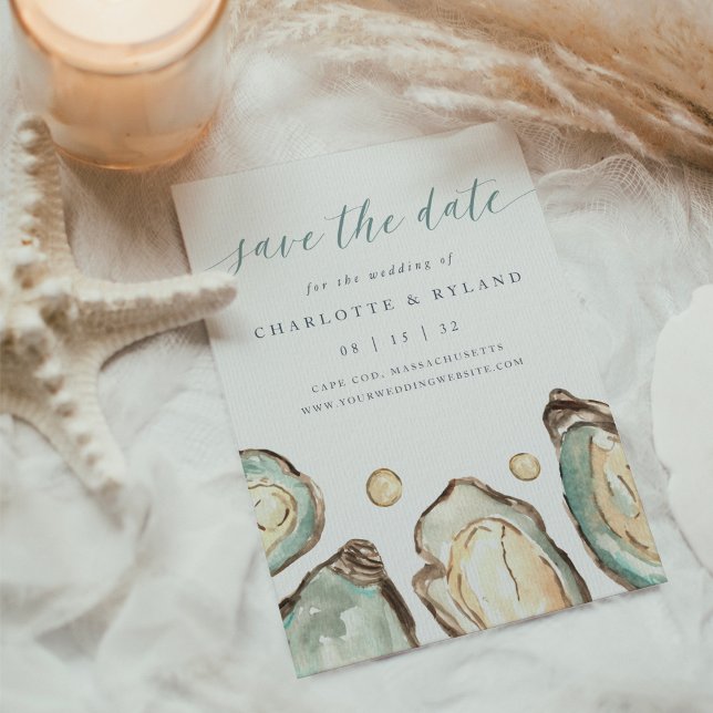 Save The Date Mariage d'huîtres d'aquarelle côtière (Elegant coastal wedding save the dates)