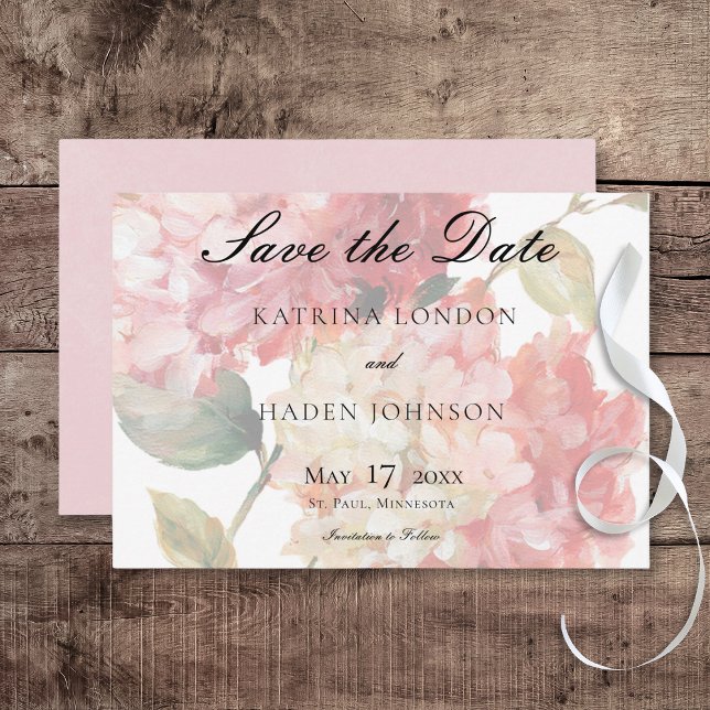 Save The Date Mariage d'hydrangée rose moderne (Modern Pink Blush Hydrangea Wedding Save the Date Card)