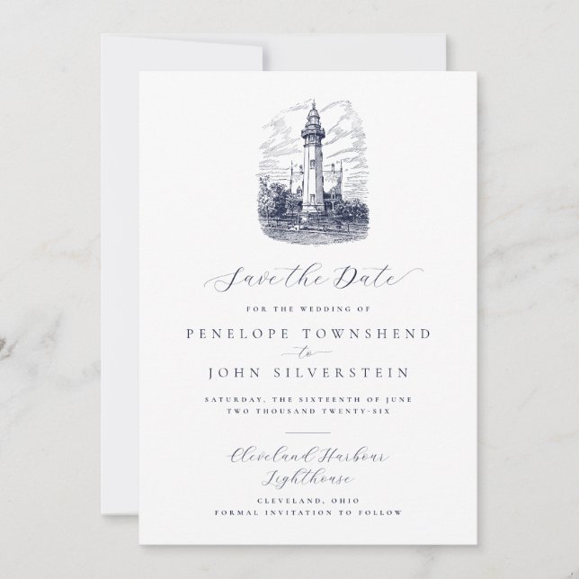 Save The Date Mariage d'illustration élégant du phare nautique (Devant)
