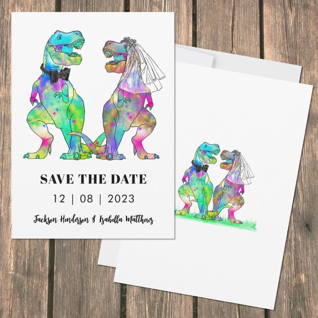 Save The Date Mariage Dinosaure coloré (Funny colorful T-Rex bride & groom dinosaur wedding invitation artwork by artist Catherine Sweetman )