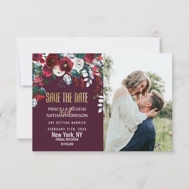 Save The Date Mariage d'or en arrangement floral d'ivoire rouge  (Devant)