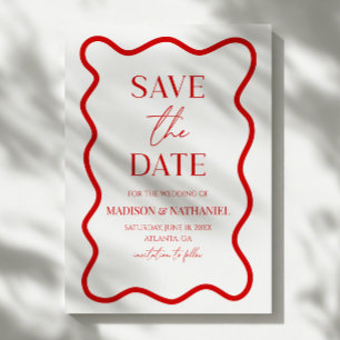 Save The Date Mariage Élégant à Bordure Ondulée Rouge Blanc