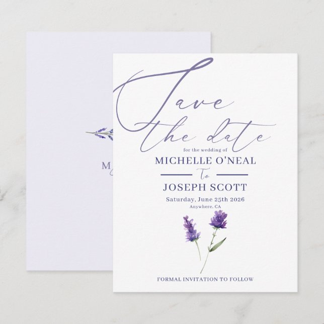 Save The Date Mariage élégant à l'aquarelle Lavender Bliss (Devant / Derrière)