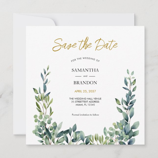 Save The Date Mariage élégant aquarelle botanique verdure (Devant)