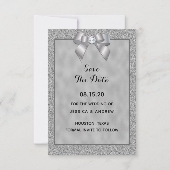 Save The Date Mariage élégant argent et paillettes chic (Devant)