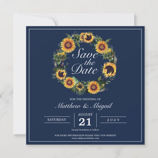 Save The Date Mariage élégant au tournesol bleu marine (Devant)