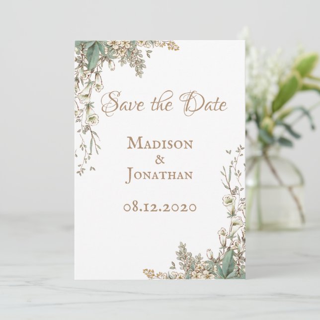 Save The Date Mariage élégant avec écriture florale de verdure (Debout devant)