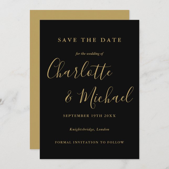 Save The Date Mariage élégant avec écriture noire et dorée (Devant / Derrière)