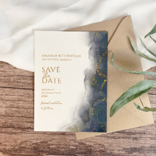 Save The Date Mariage Élégant Bleu Nuit Marbre Or