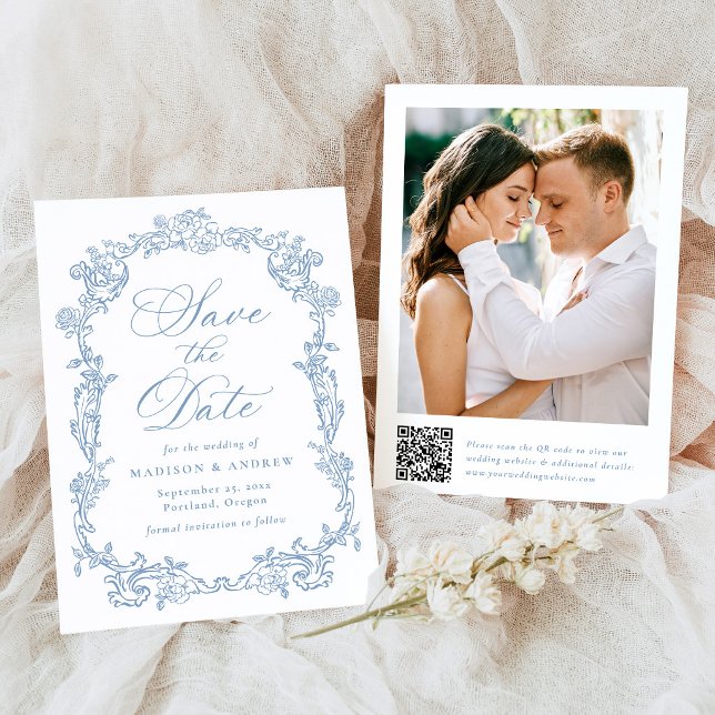 Save The Date Mariage élégant bleu victorien à code QR floral (Créateur téléchargé)