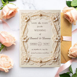Save The Date Mariage Élégant Broderie de Perles de Luxe