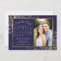 Mariage élégant calendrier et photo bleu marine et