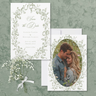 Save The Date Mariage Élégant Classique Ruban Floral Photo Sage