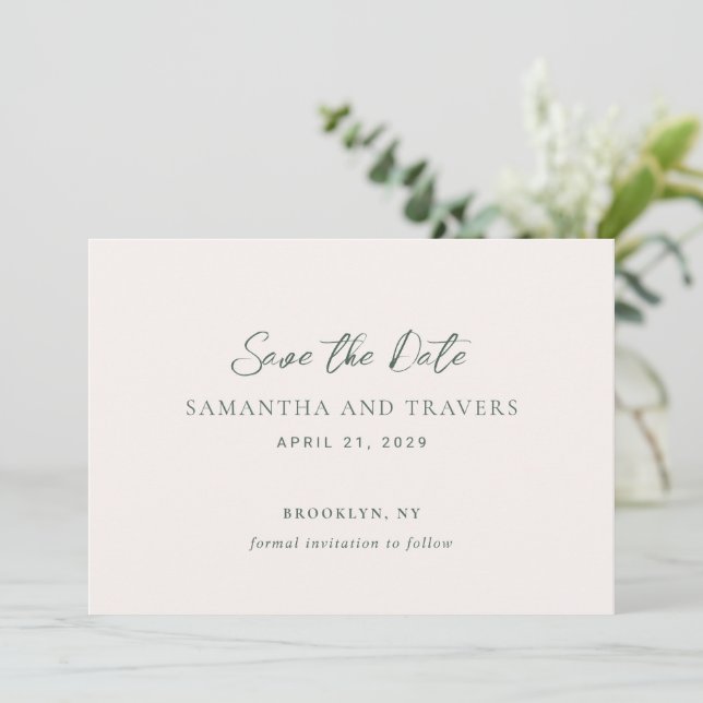 Save The Date Mariage Élégant de Traditionnelle Forêt Verte (Debout devant)