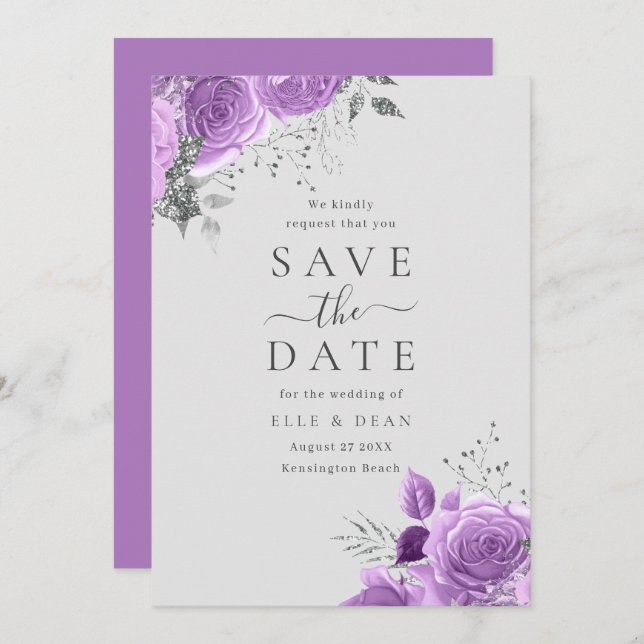Save The Date Mariage Élégant Fleurs Lavande Violet & Argent  (Devant / Derrière)