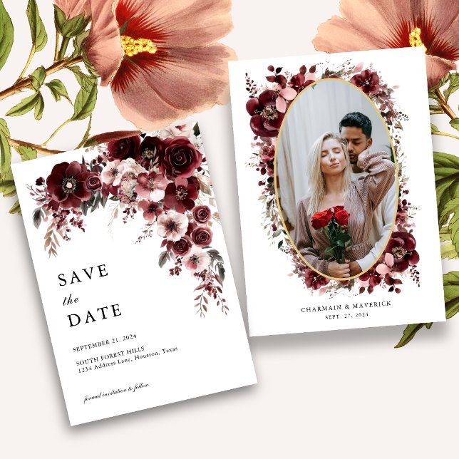 Save The Date Mariage Élégant Fleurs Rouge Bourgogne Rose (Créateur téléchargé)