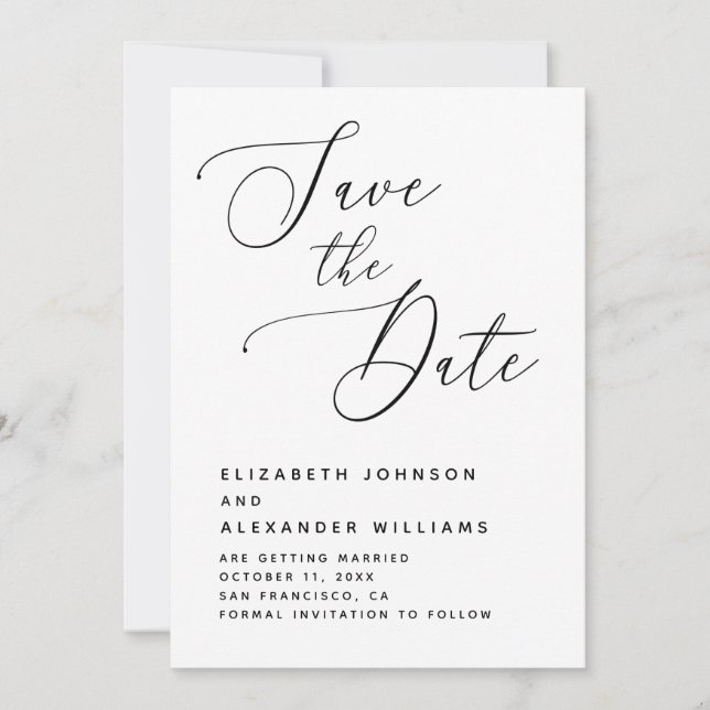 Save The Date Mariage Élégant Minimaliste. Écriture Noir & Blanc (Devant)