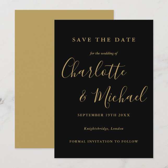 Save The Date Mariage élégant noir et or en écriture cursive (Devant / Derrière)